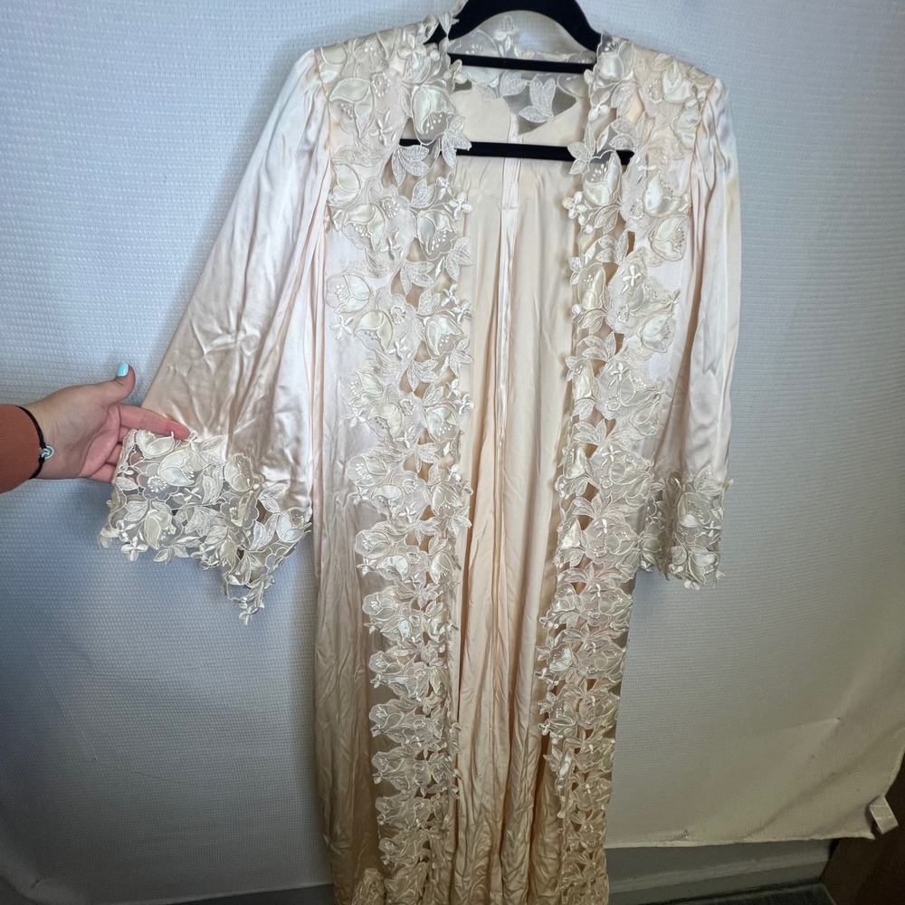 Nolan Miller Vintage Champagne Satin Lace Robe and Nightgown Set Maxi